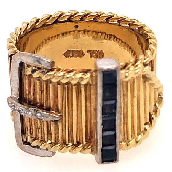 Vintage💙18KT Gold💙 Diamond and Sapphire Mini Belt Buckle Ring - Picture 3 of 15